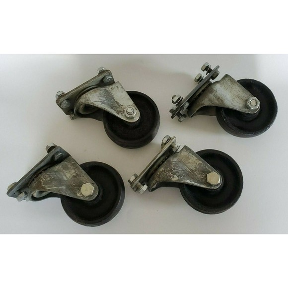 Industrial Factory Cast Iron Swivel Castors w/ Bolts, Vtg Heavy Duty 3.5" Wheels - Picture 12 of 12
